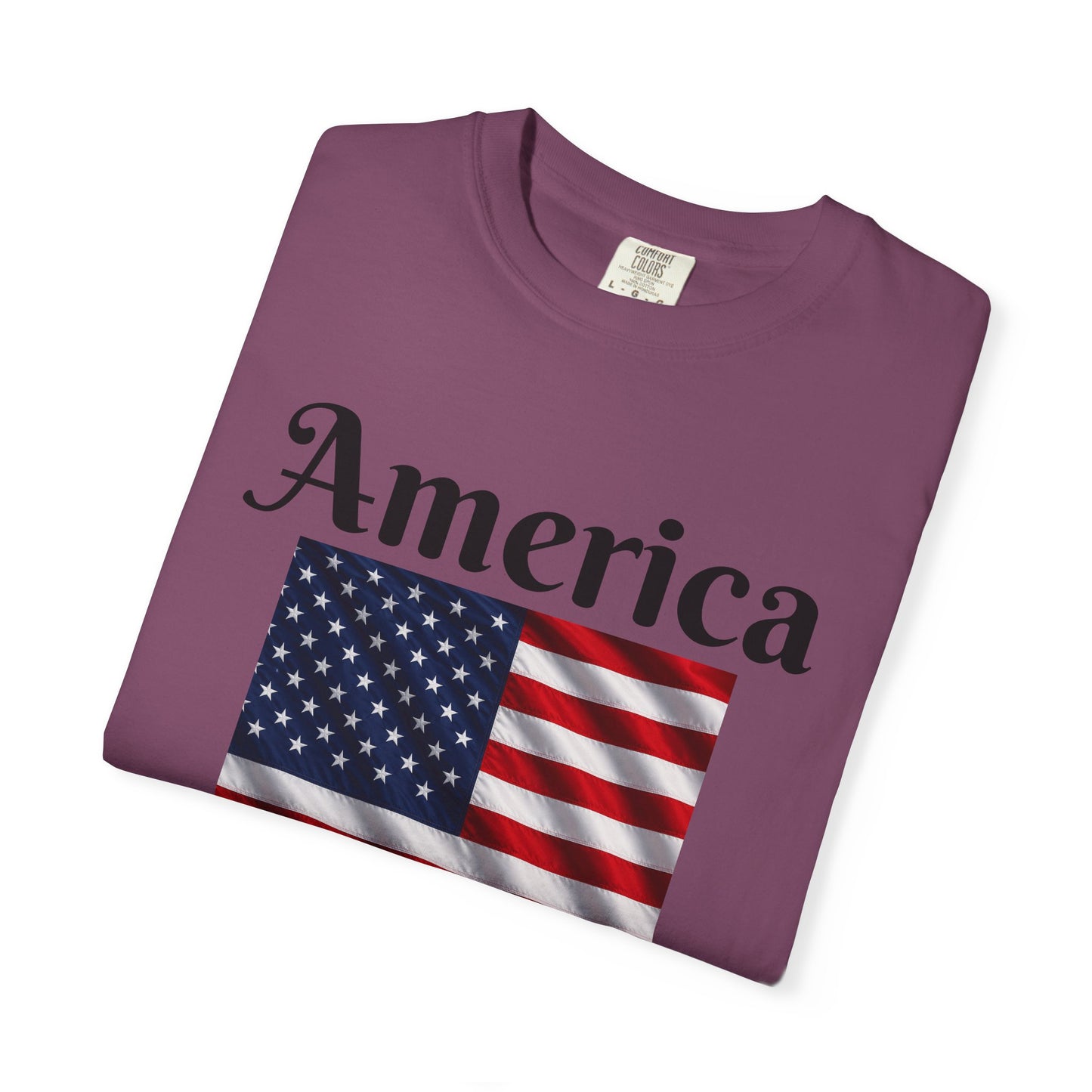 Plum T-shirt with America script over red, white, and blue flag panel