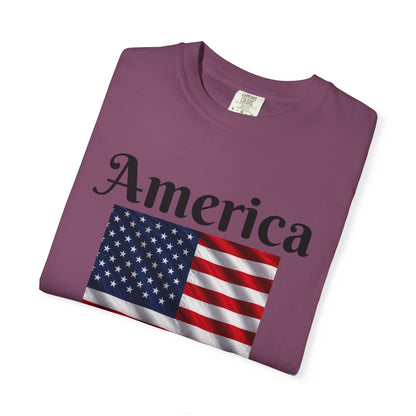 Plum T-shirt with America script over red, white, and blue flag panel