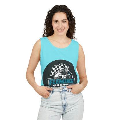 Light blue racing tank top with Fleming Racing motorsports graphic on the chest