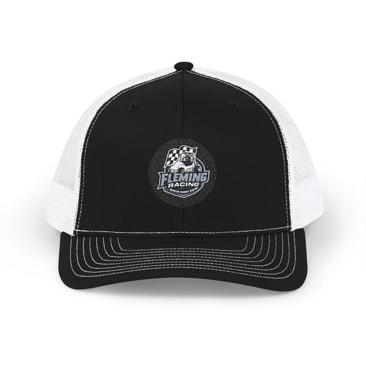 Black and white trucker cap with front logo patch and curved brim.