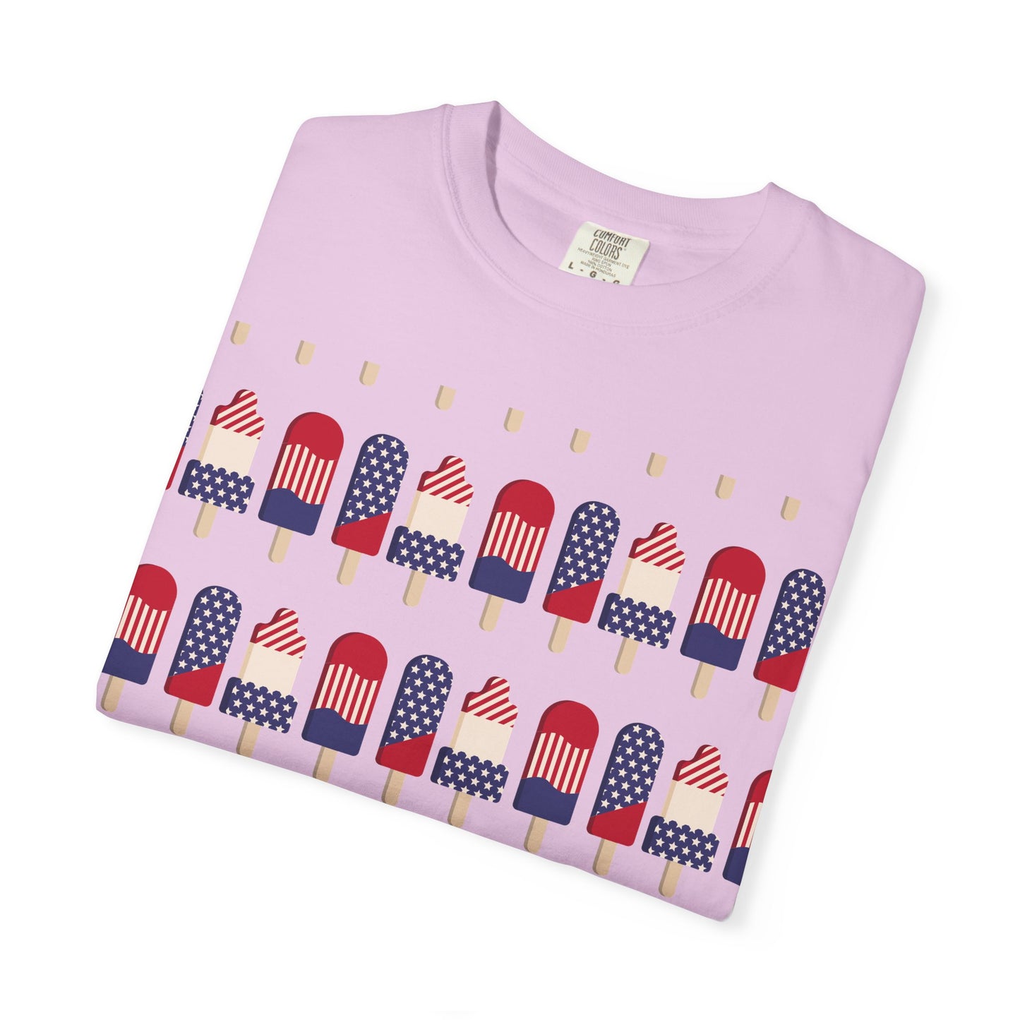 Light pink graphic T-shirt with popsicle flag print and small yellow dots