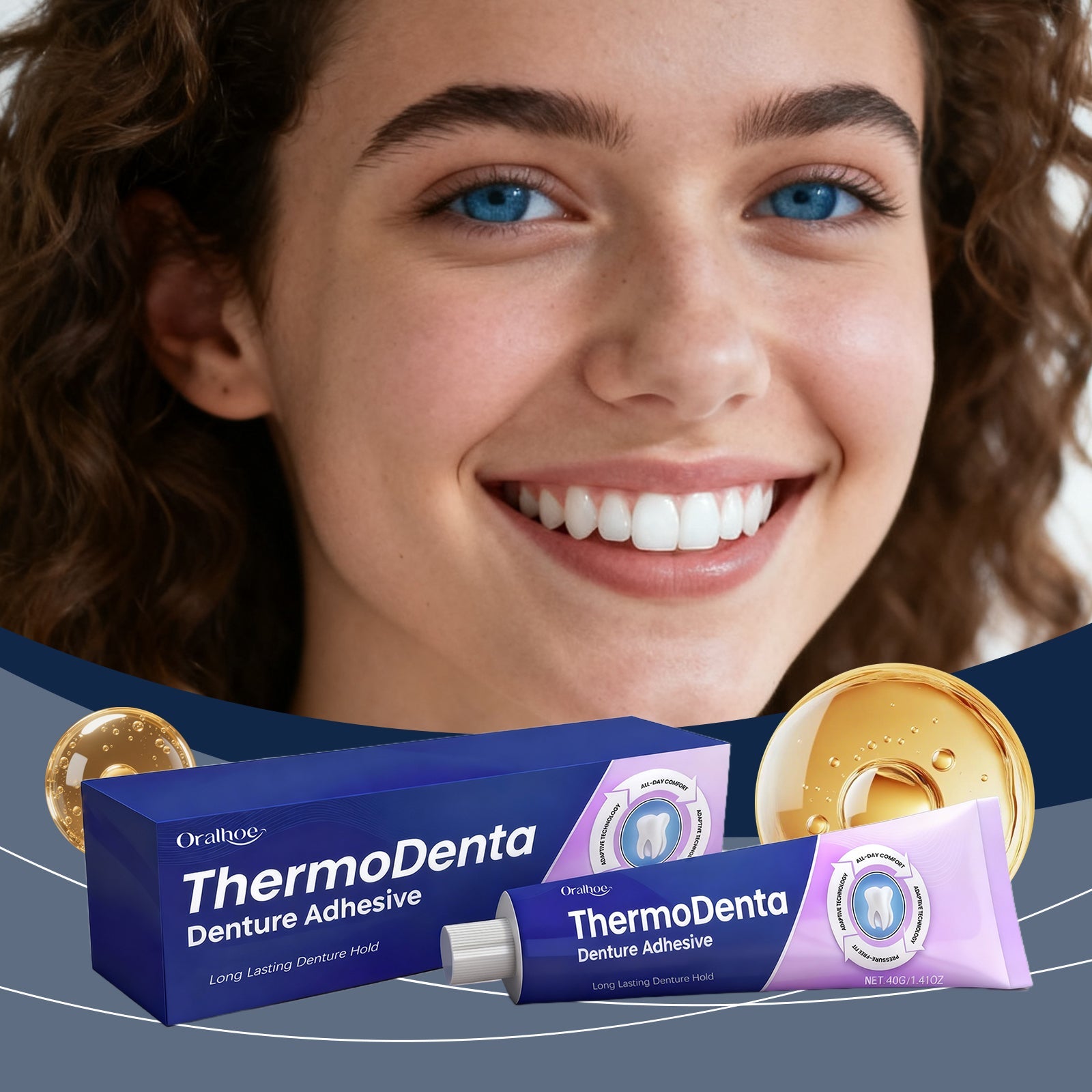 ThermoDenta denture adhesive box and tube shown front-on, purple and white