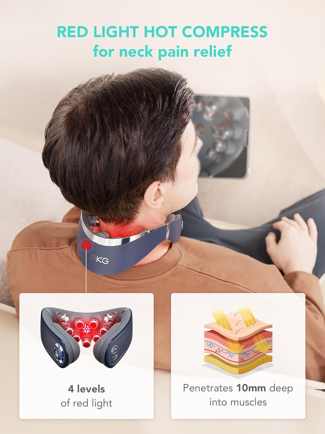 Heated neck TENS collar with red light glow, dark gray fabric