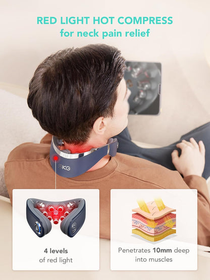 Heated neck TENS collar with red light glow, dark gray fabric