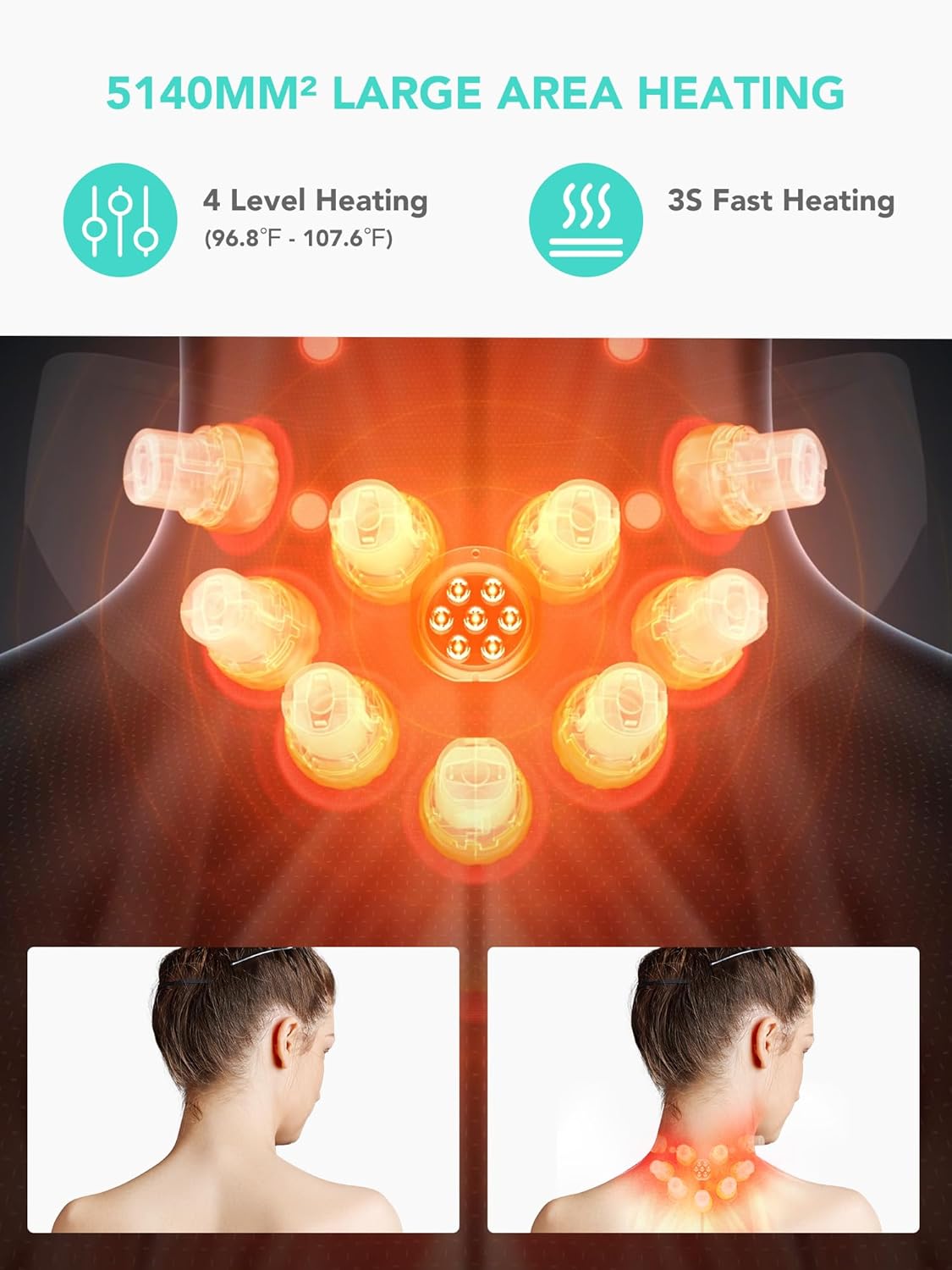 Heated neck TENS pad with red light glow and circular massage nodes