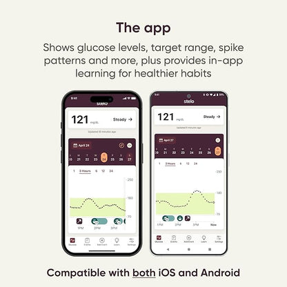 Dexcom Stelo app screens on two smartphones showing glucose graph and range