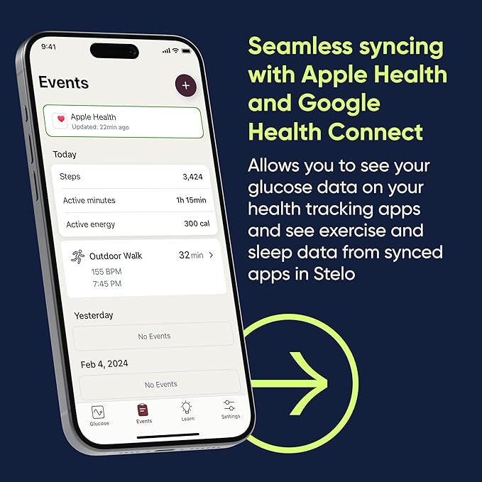 Dexcom Stelo events screen on smartphone syncing with Apple Health and Google Health Connect