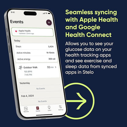 Dexcom Stelo events screen on smartphone syncing with Apple Health and Google Health Connect