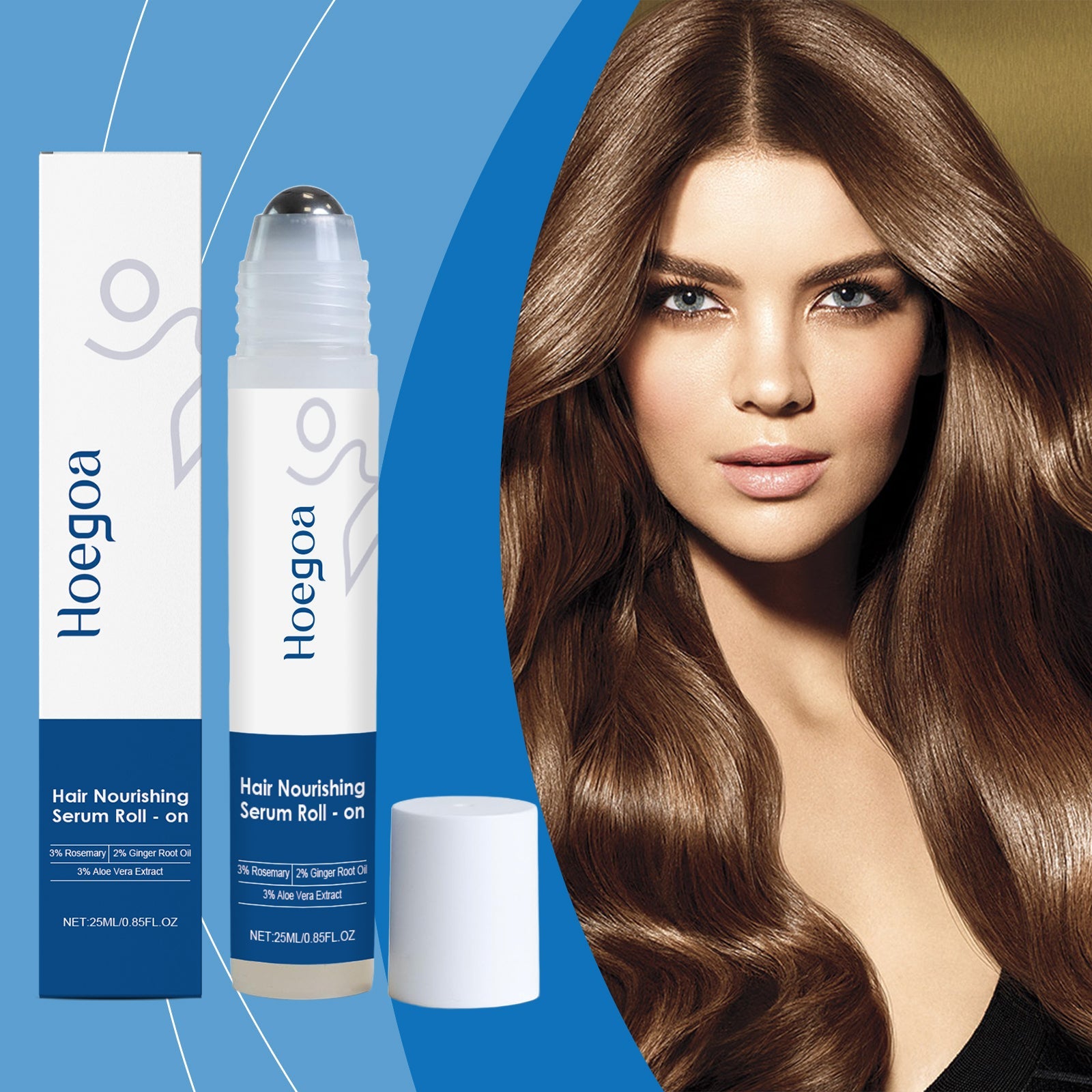 Hair growth roll-on serum bottle with white box beside model with long chestnut hair