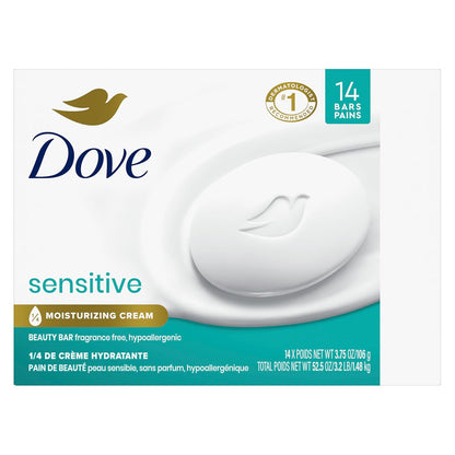 Dove Beauty Bar More Moisturizing Than Bar Soap for Softer Skin, Fragrance-Free, Hypoallergenic Beauty Bar Sensitive Skin With Gentle Cleanser 3.75 oz 14 Bars