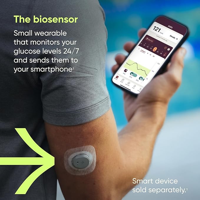 Dexcom Stelo biosensor on upper arm with smartphone displaying glucose data