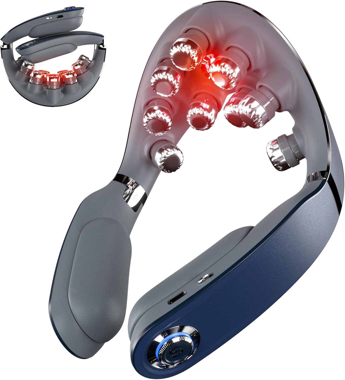 Neck TENS heat therapy unit, gray collar with red light massage nodes