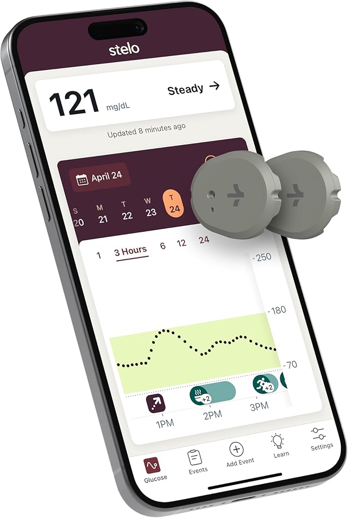 Dexcom Stelo app on smartphone with two dark-gray wearable biosensors