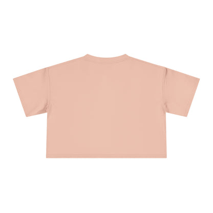 Blush pink crop graphic tee with crew neck and short sleeves, plain back