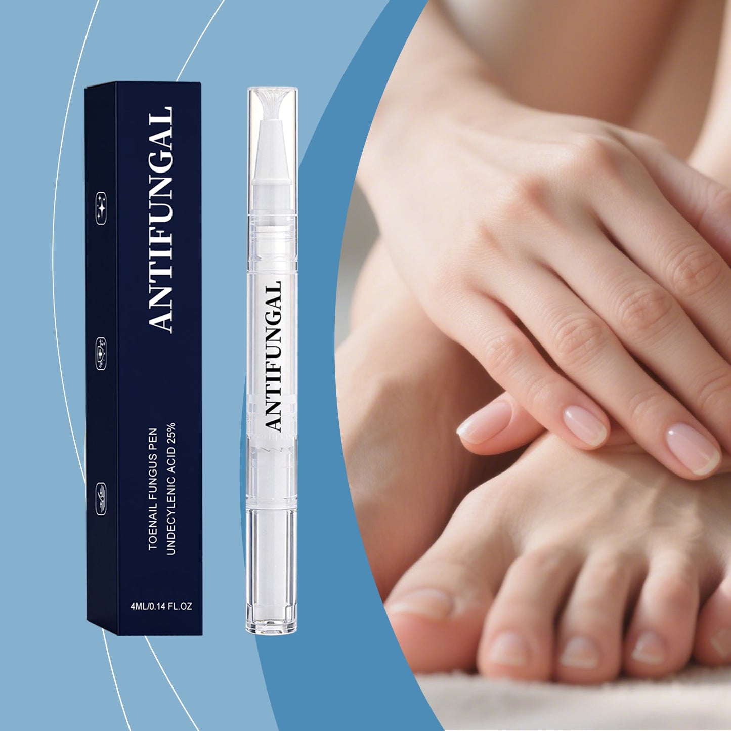 Nail care pen with hands resting together, glossy light pink nails