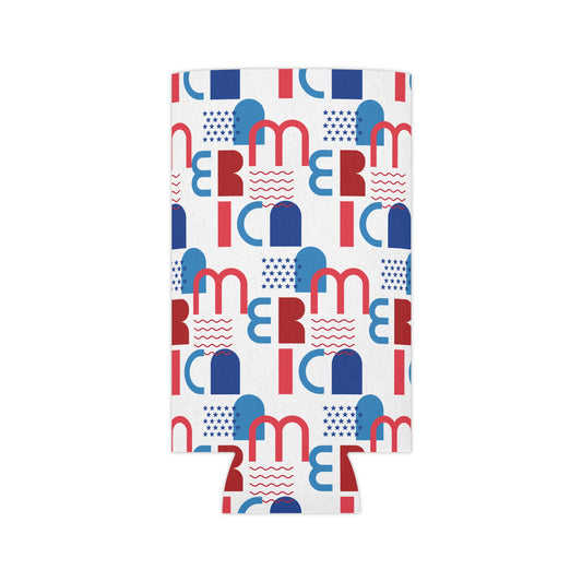 Can cooler sleeve with repeating red, blue, and white abstract shapes