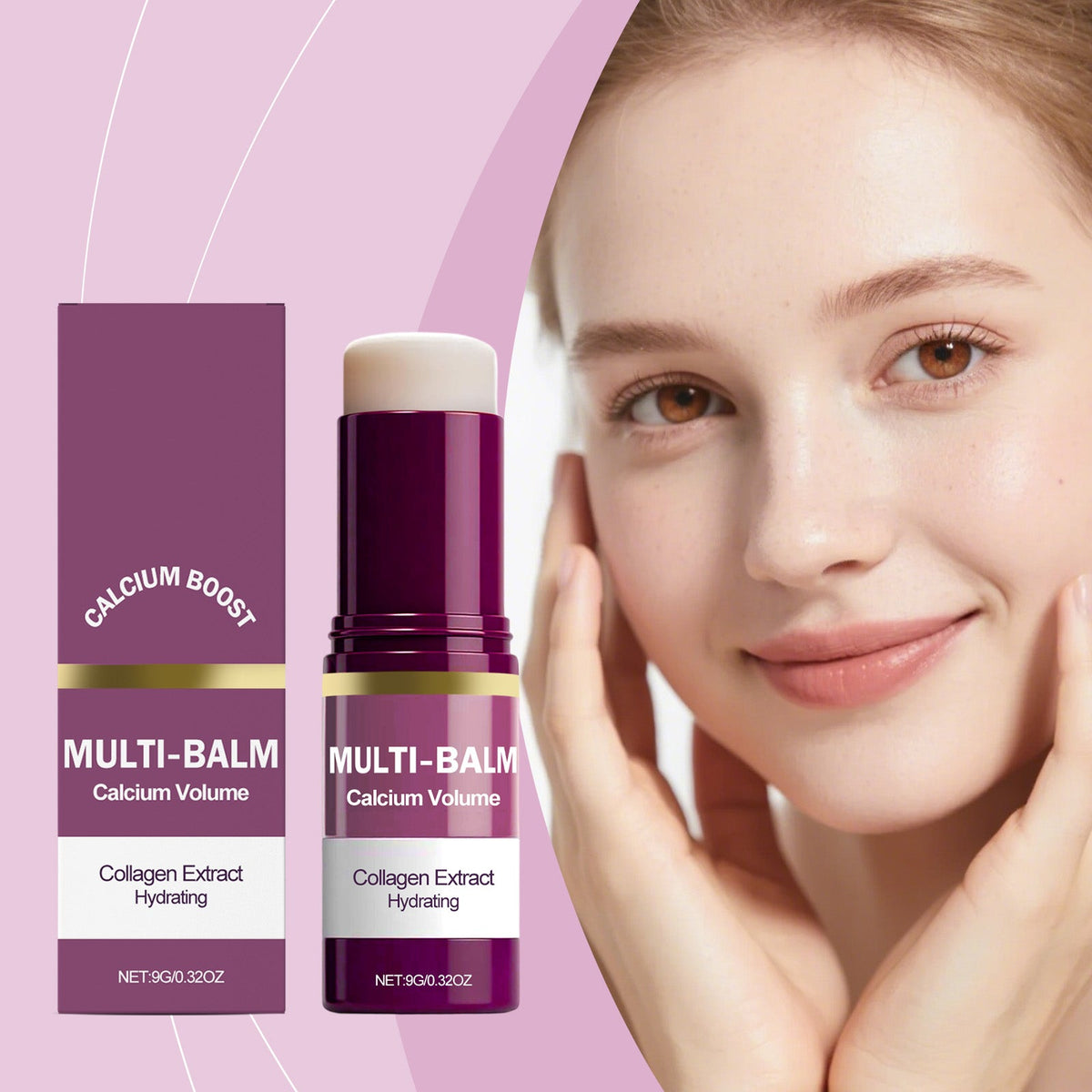 Moisturizing skin balm set: close view of purple balm container with beige cap and box.