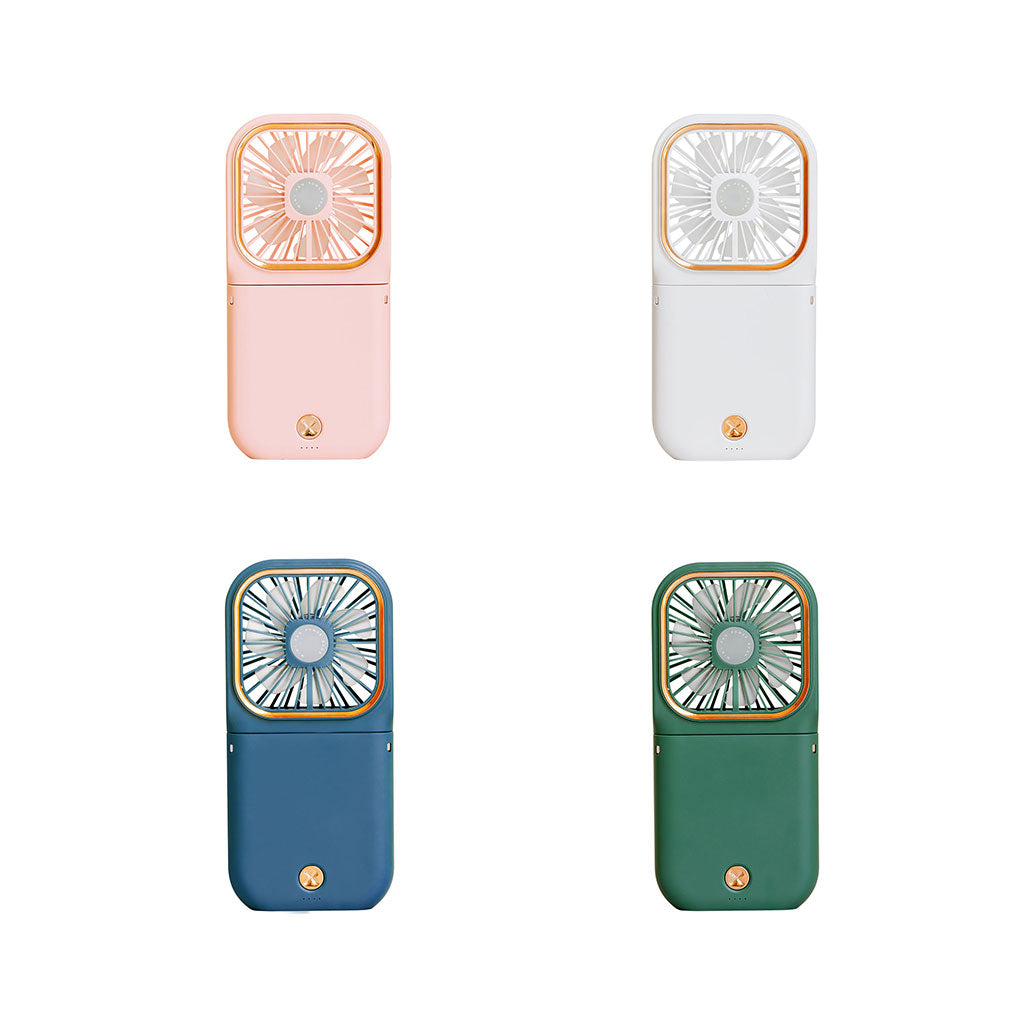 Mini cooling foldable fan color options: pink, white, blue, and green