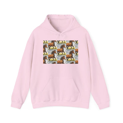 Light pink horse-pattern hoodie with front pouch and drawstring hood