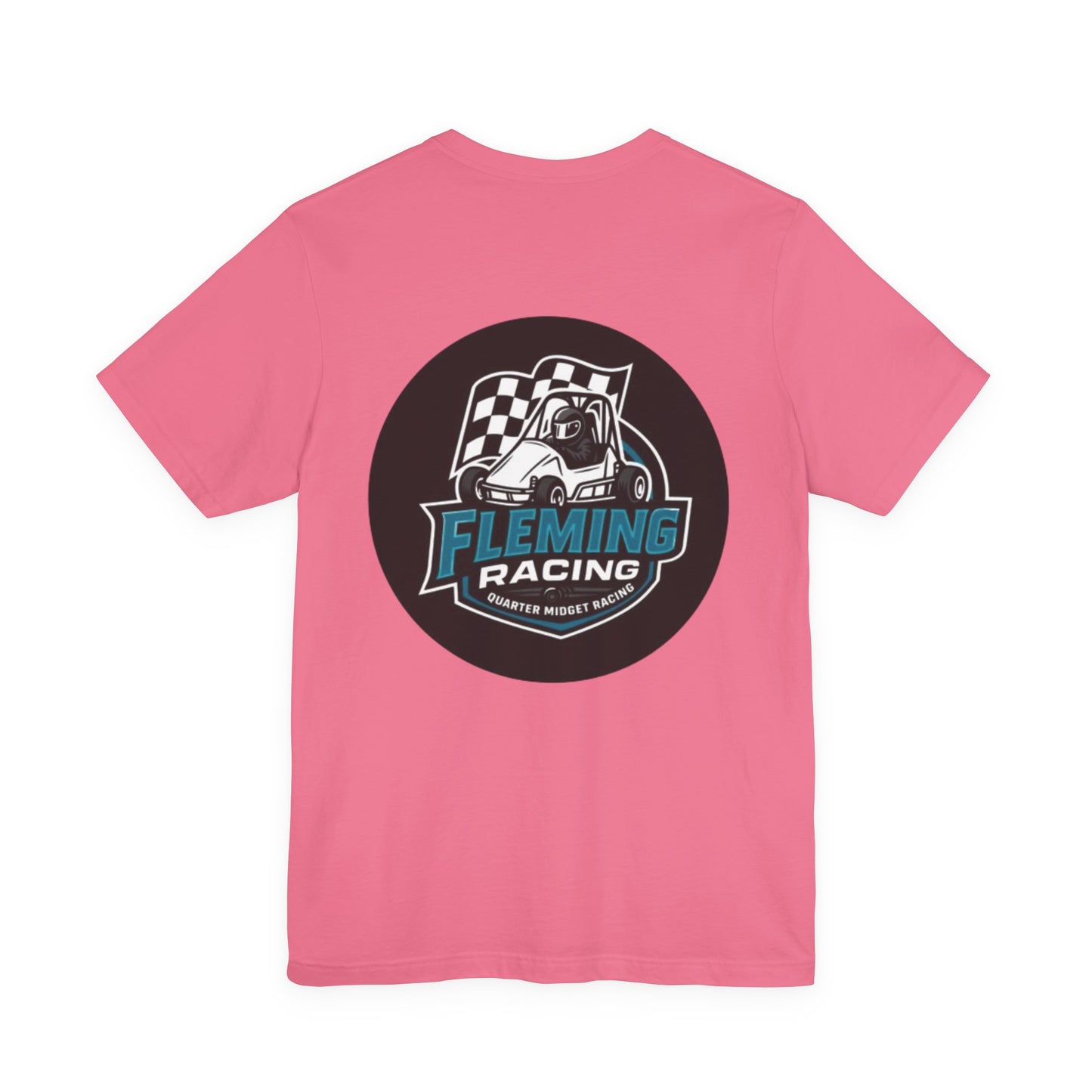 Pink Fleming Racing logo T-shirt with round racing emblem on chest