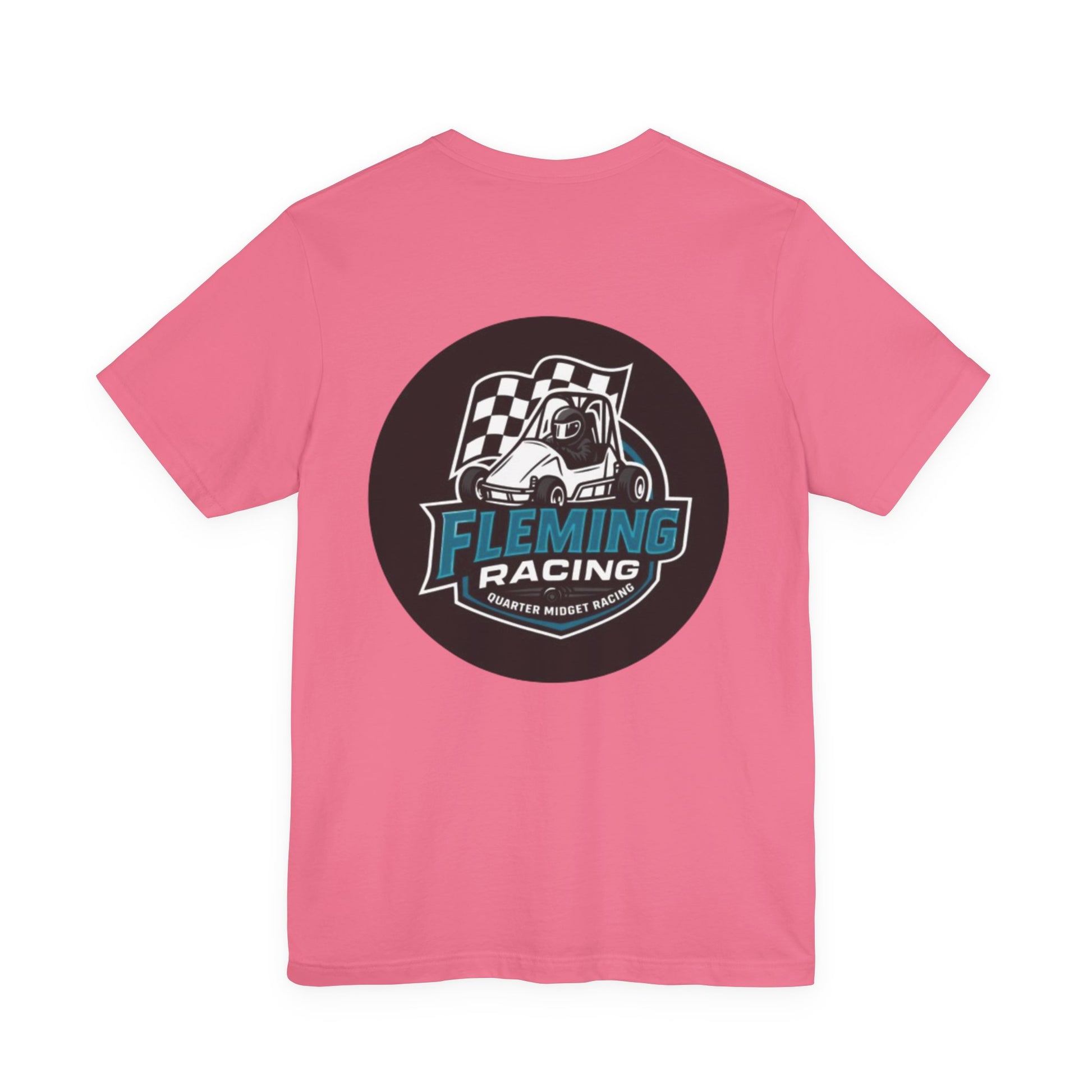 Fleming Racing logo T-shirt, pink crewneck with circular race car emblem on front
