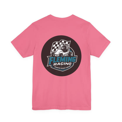 Fleming Racing logo T-shirt, pink crewneck with circular race car emblem on front