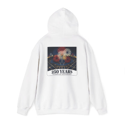 White pullover hoodie with fireworks “250 years” graphic centered on the back
