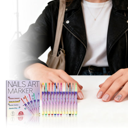 Nail art marker set with 12 colorful pens and display box, used on fingernails