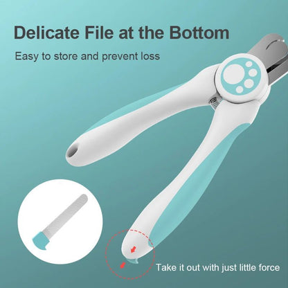 Blue-and-white pet nail clipper with bottom file and guard near the hinge