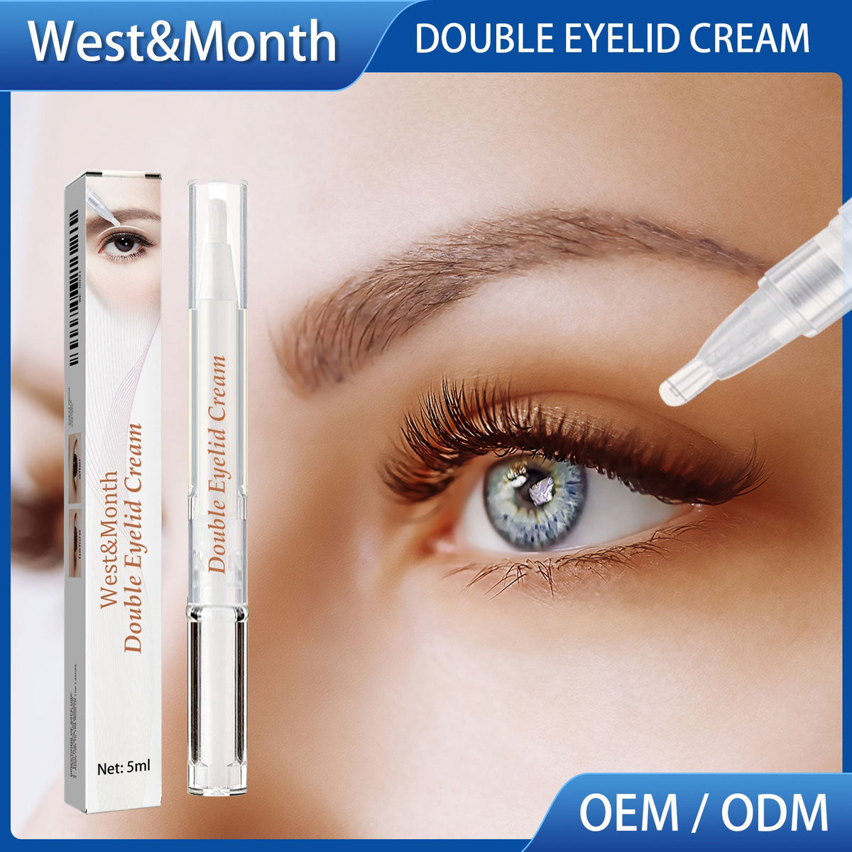 Double eyelid shaping cream with squeeze tube applicator and box, styled near eye