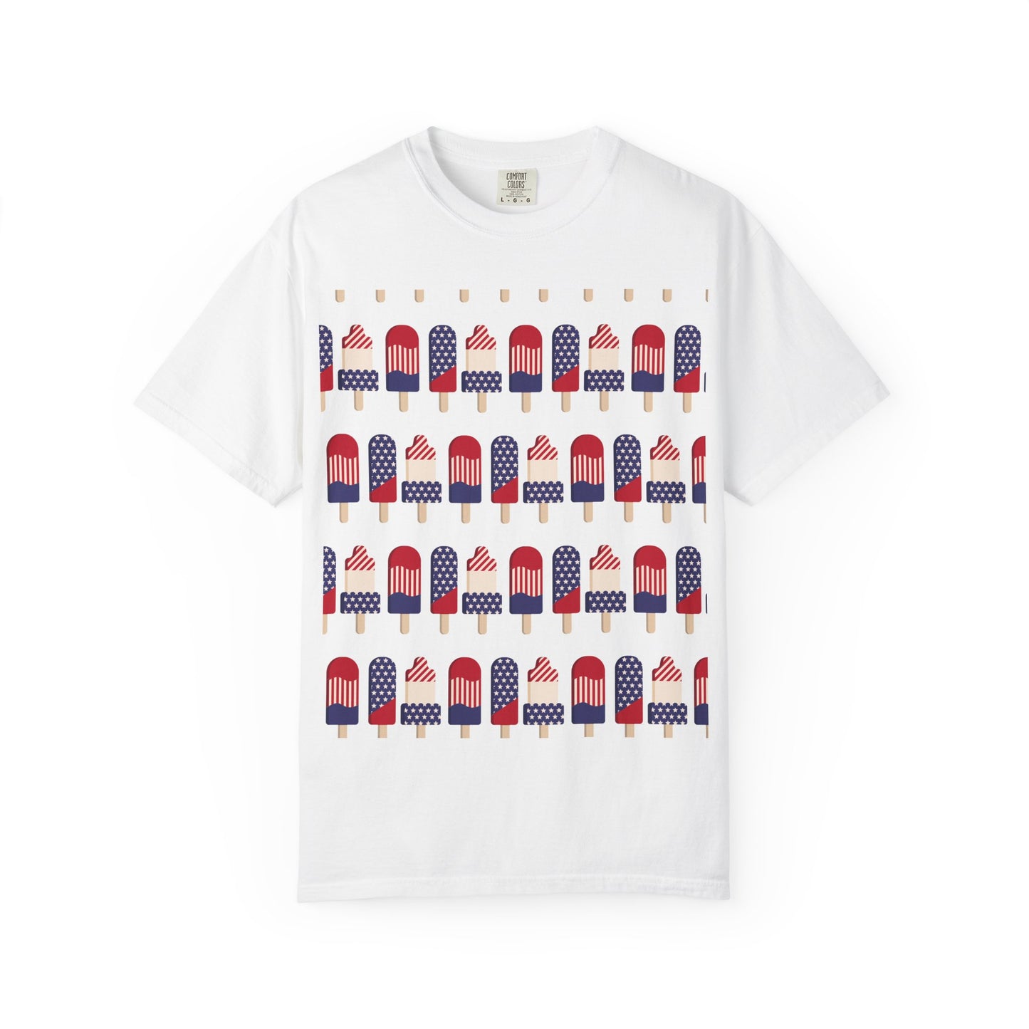White T-shirt with popsicle-themed American flag graphic across the chest