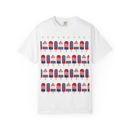 White T-shirt with popsicle-themed American flag graphic across the chest