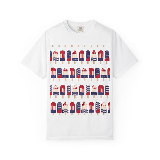 White T-shirt with popsicle-themed American flag graphic across the chest