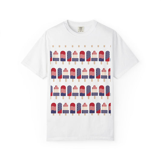 White T-shirt with American flag popsicle graphic print across the chest