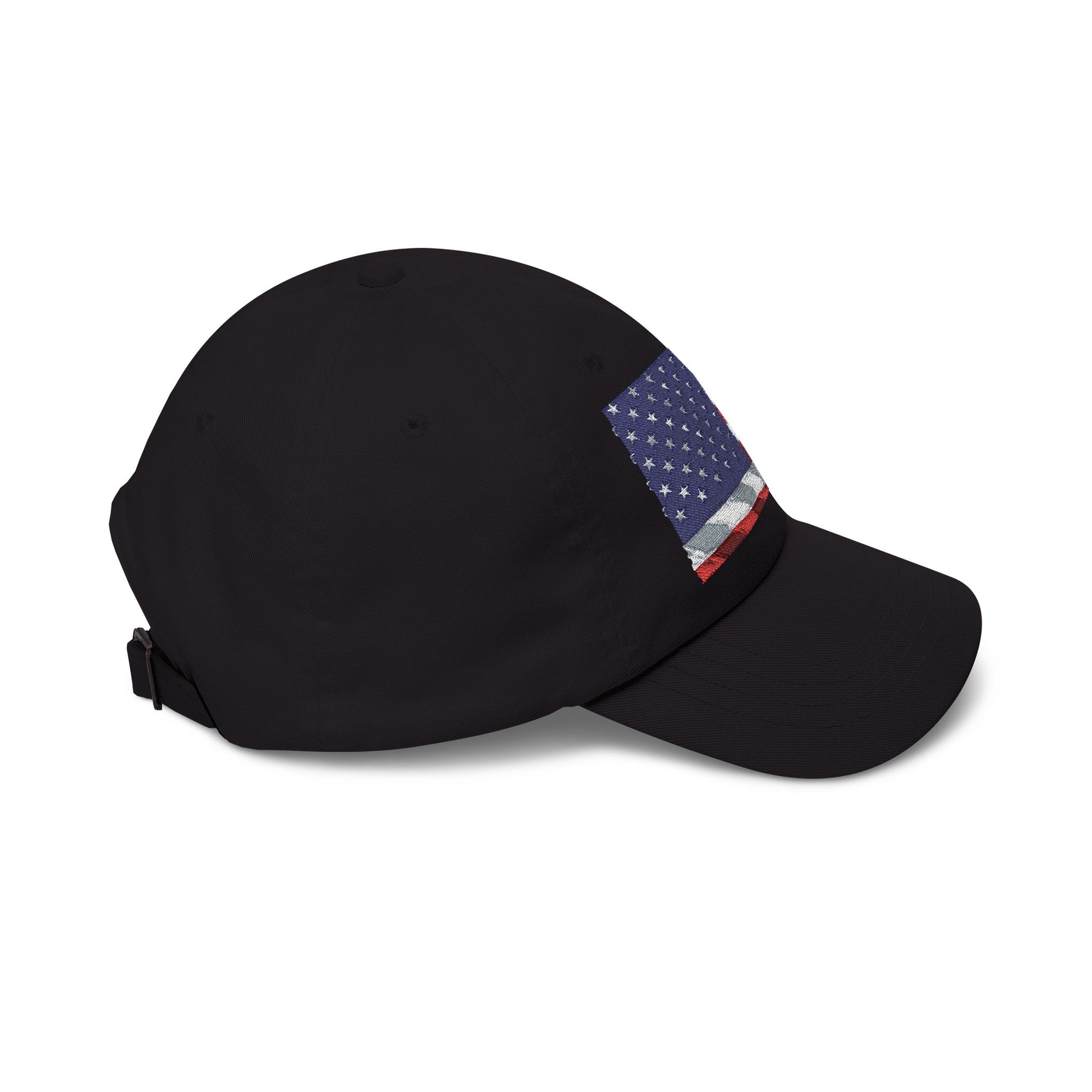 Black dad cap with distressed American flag patch with blue stars, curved brim
