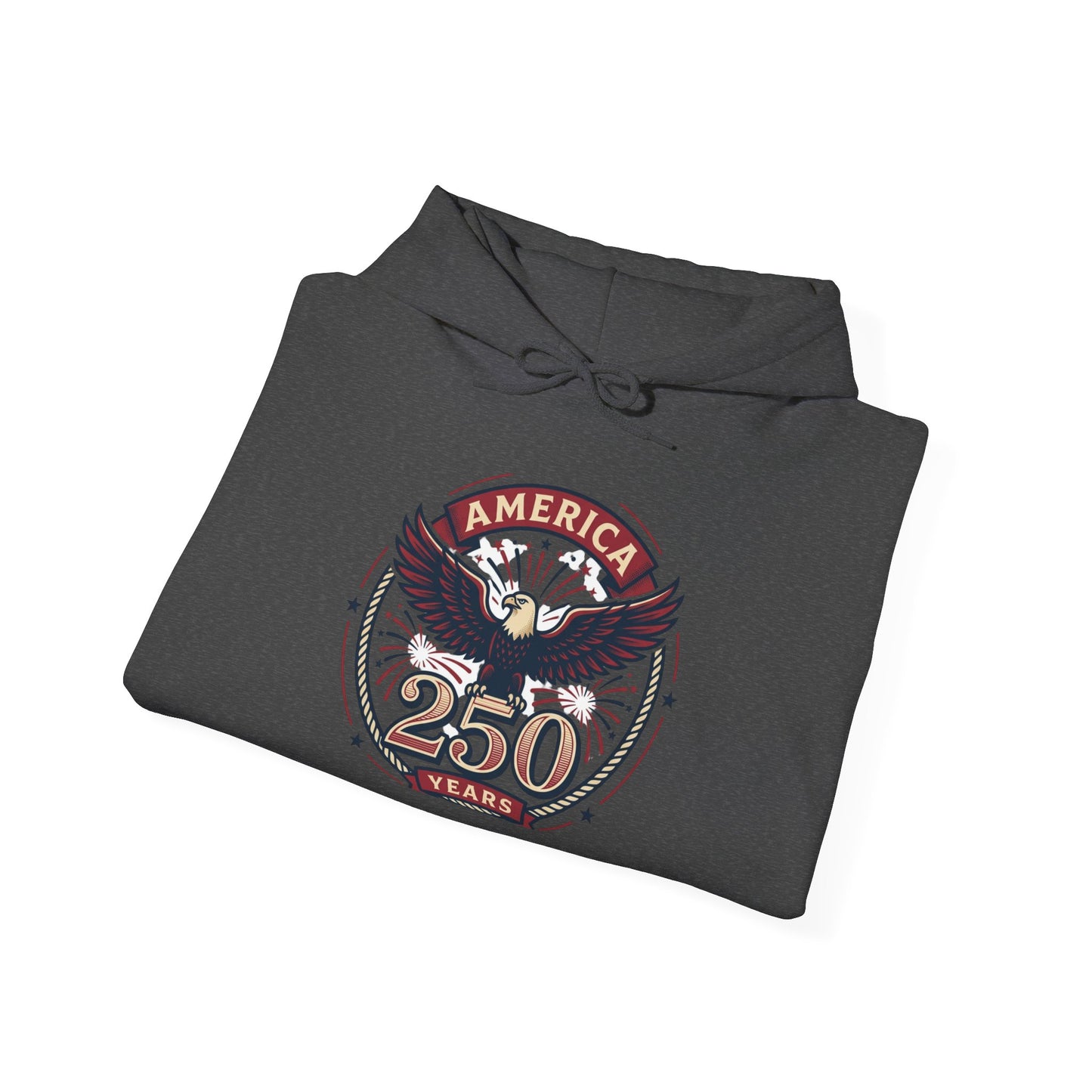 Dark gray graphic hoodie folded, front-facing “America 250 years” eagle badge