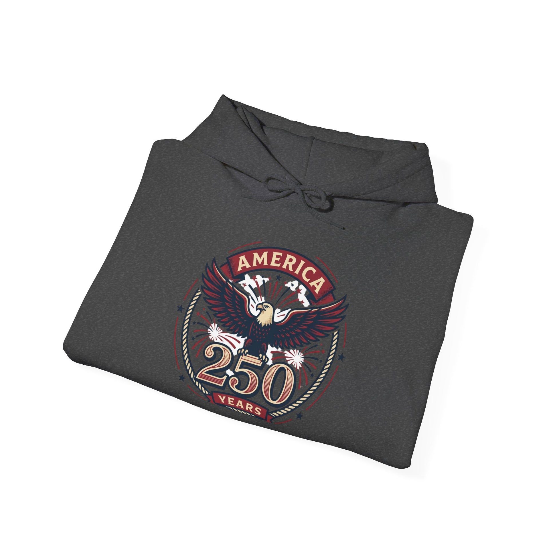 Dark gray graphic hoodie folded, front-facing “America 250 years” eagle badge