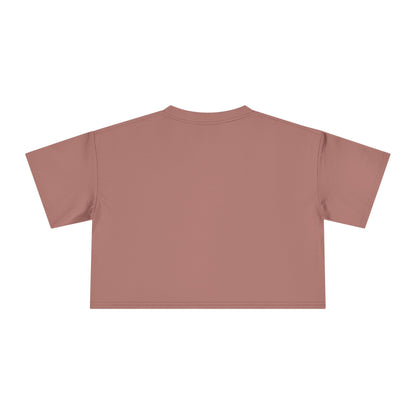 Dusty rose crop graphic tee with crew neck and short sleeves, plain back