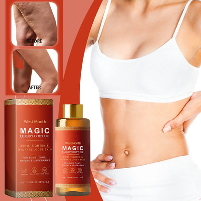Firming moisturizing body oil 100ml bottle with gold cap beside white underwear