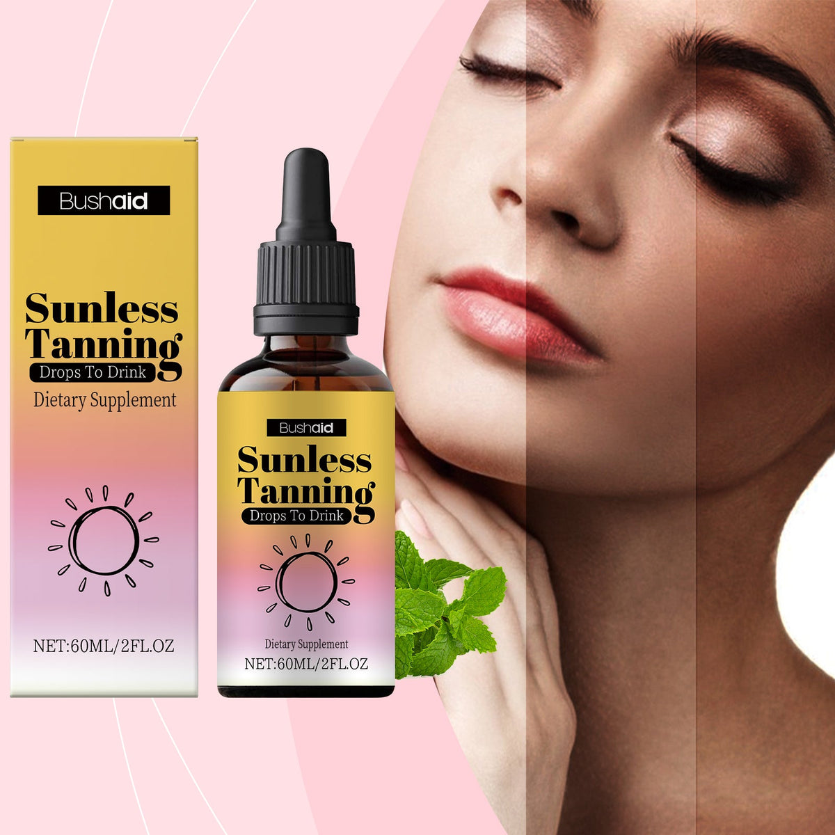 Oral sunless tanning drops bottle with dropper and box with a sleeping model close-up