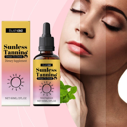 Oral sunless tanning drops bottle with dropper and box with a sleeping model close-up