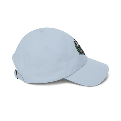Light blue dad cap with soccer crest patch and curved brim, angled side view.