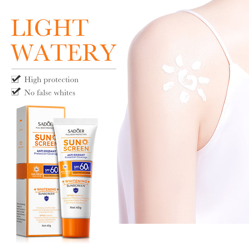 SADOER SPF 60 sunscreen cream tube with matching box, shown on bare shoulder