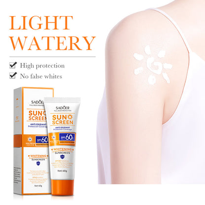 SADOER SPF 60 sunscreen cream tube with matching box, shown on bare shoulder