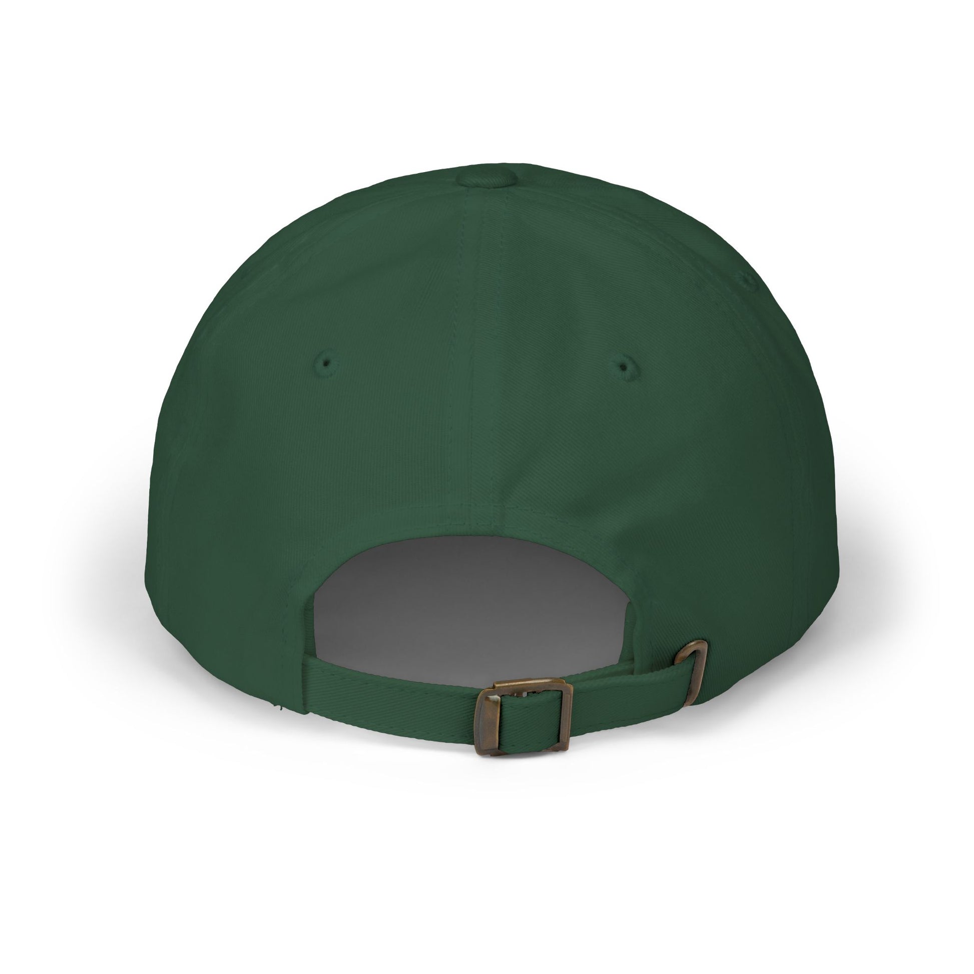 Dark green dad cap with adjustable strap and curved brim, back view.