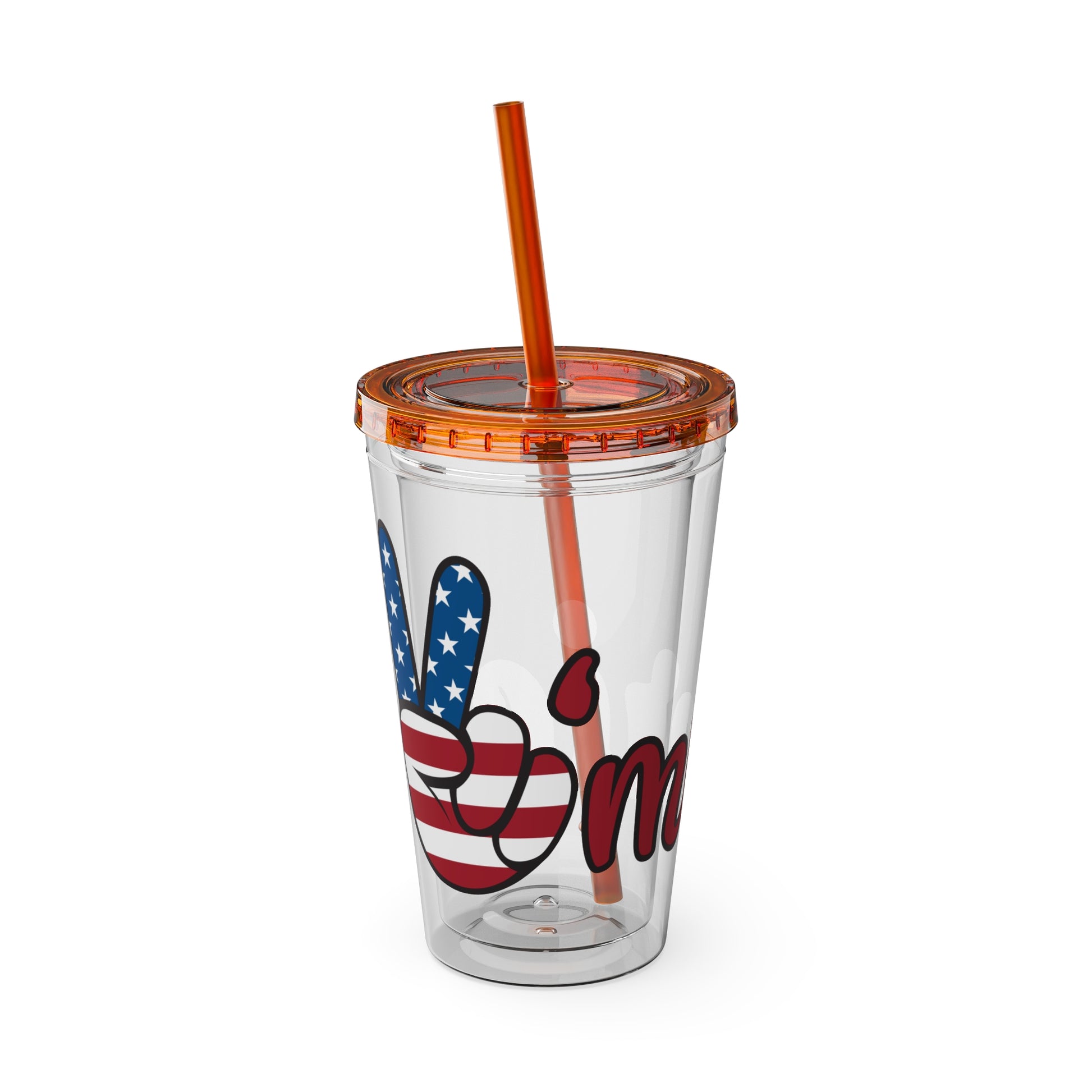 Clear 16oz tumbler with orange straw and blue/red peace sign graphic