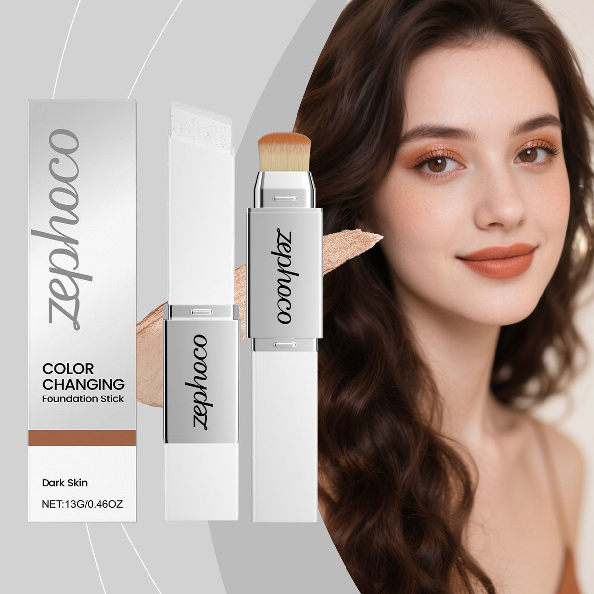Color-changing foundation stick with brush tip beside boxed pack, worn on model