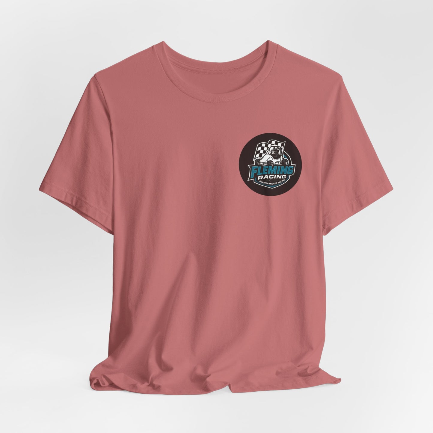 Dusty rose racing logo T-shirt with small Fleming Racing circle emblem