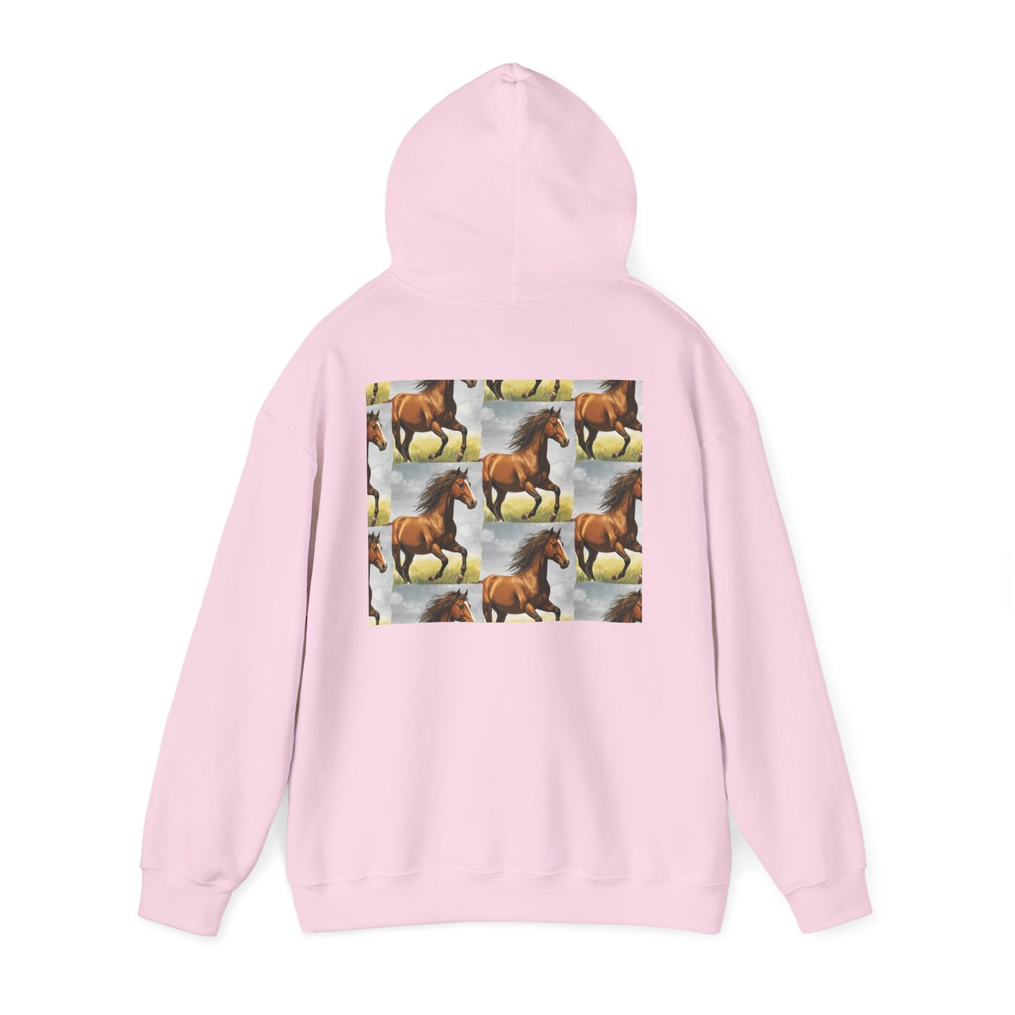 Light pink horse pattern hoodie with hood and large back horse collage graphic, full sleeves