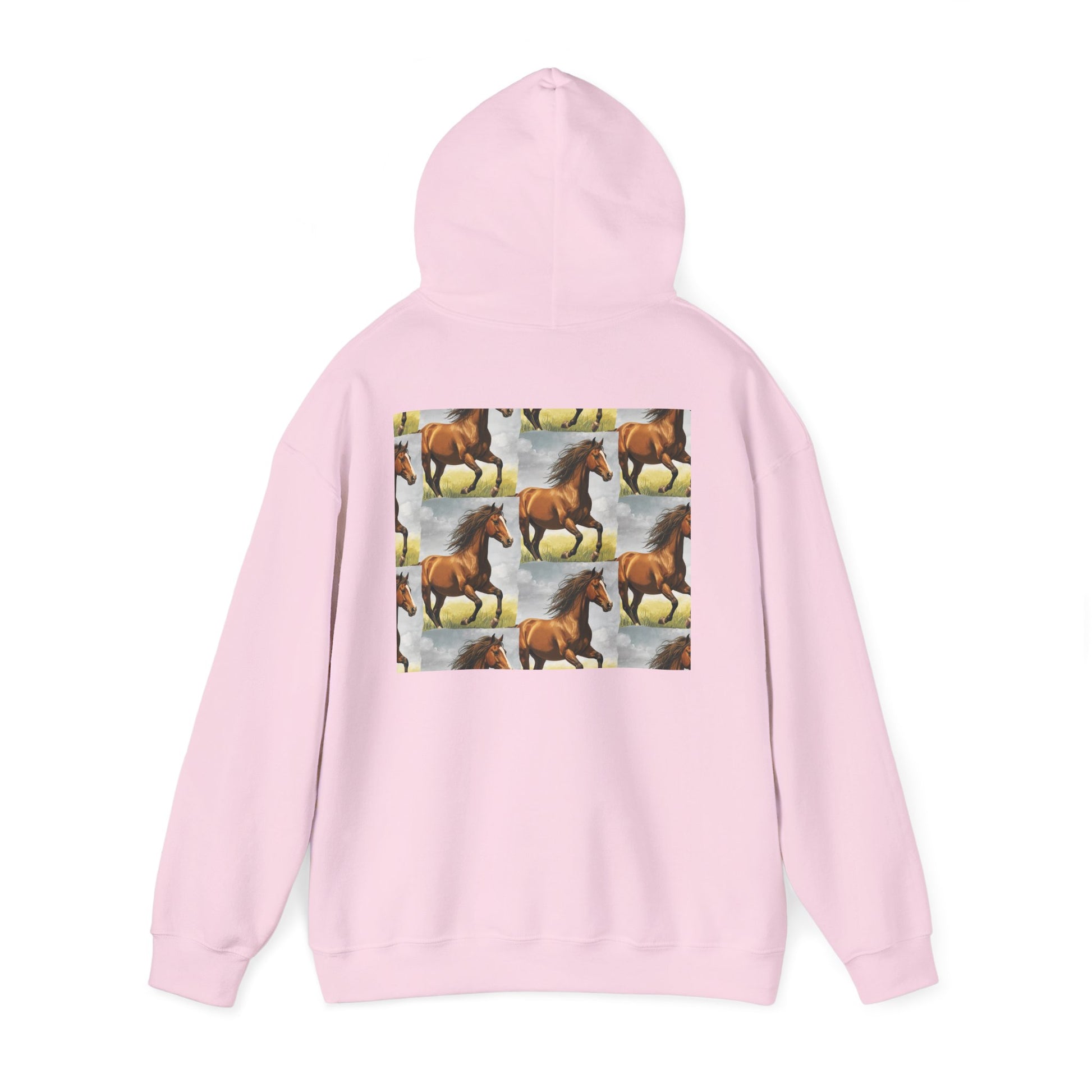 Light pink horse pattern hoodie with hood and large back horse collage graphic, full sleeves